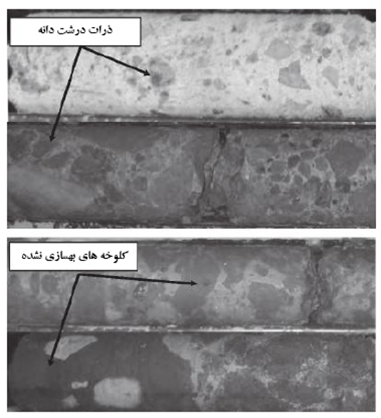 نمونه‌های مغزه گرفته شده از ستون­های جت گروتینگ در خاک­های الف-درشت­دانه­ ب-ریزدانه